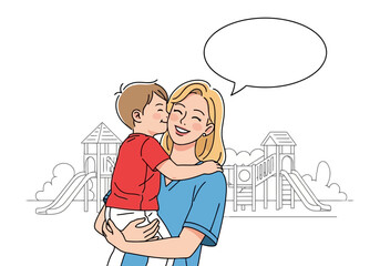 Mother holding her son in her arms at a playground with a speech bubble above them