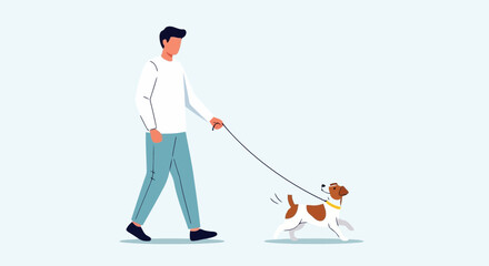 Man walking a small dog on a leash in a park with a light blue background
