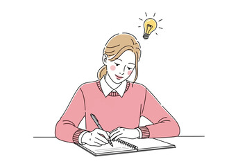 A young woman with a lightbulb above her head, writing in a notebook, symbolizing an idea or inspiration