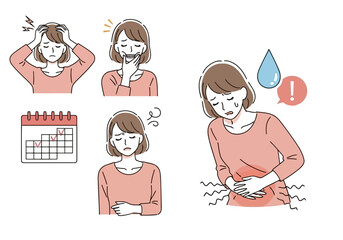 A woman experiencing various symptoms of discomfort, including headache, stomach pain, and fatigue, with a calendar indicating a period
