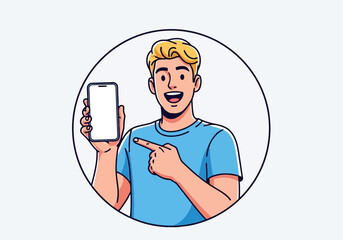 Young man holding a smartphone and pointing to the screen