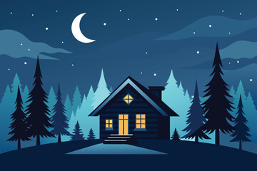 “Winter Night Cabin in Pine Forest Vector Illustration”