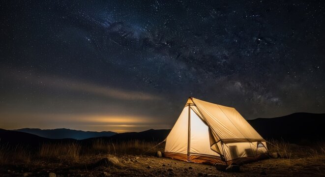 Illuminated canvas tent bathed in starlight under a vast milky way galaxy - Powered by Adobe