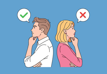 Man and woman thinking back to back with checkmark and cross symbols above their heads