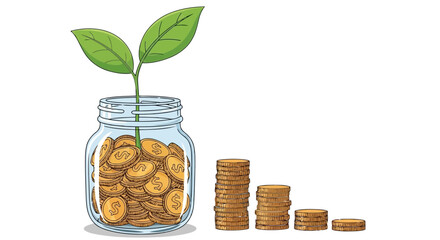 A glass jar filled with coins and a plant growing from it, with stacks of coins decreasing in size