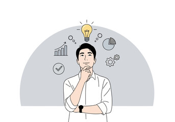 Man thinking with a lightbulb and business icons, symbolizing innovation, strategy, and problemsolving