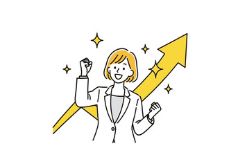 Businesswoman celebrating success with a rising arrow and sparkling light