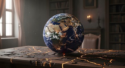 A realistic globe with glowing cracks resting on a table in a dimly lit room, symbolizing environmental issues and global interconnectedness