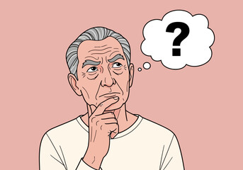 Elderly man with gray hair, deep in thought, hand on chin, with a question mark in a thought bubble above his head, isolated on pink background