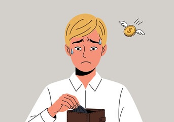 Worried man looking at empty wallet with a flying coin