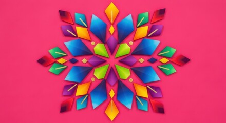 Symmetrical abstract geometric design featuring vibrant rainbow colors on a hot pink background