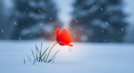 A single vibrant red flower emerging from snow-covered ground in a winter landscape with blurred trees in the background