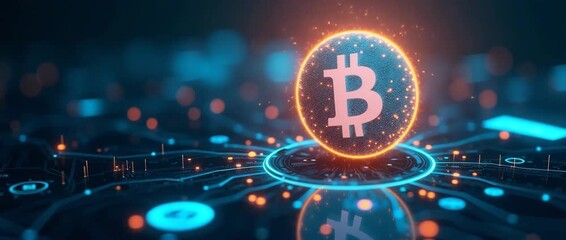 Cinematic digital currency animation with a glowing Bitcoin symbol rotating above a futuristic circuit board, while the camera slowly pans, capturing dynamic data streams and flickering lights. - Powered by Adobe