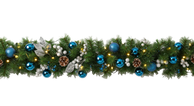 Lush Christmas garland with vibrant green pine, shiny blue baubles, silver holly, white snow berries, brown pine cones, warm yellow LED lights on a transparent background, festive holiday cheer