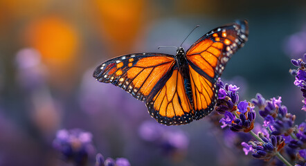 Obraz premium butterfly on lavender flower with bokeh light background