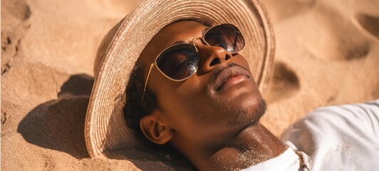 The man in a straw hat relaxing on warm sandy beach under bright sun