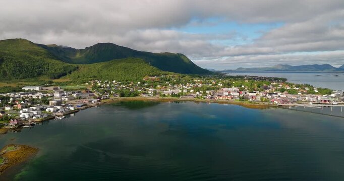 Stokmarknes old Norwegian fishing community on Hadseloya and Boroya, aerial