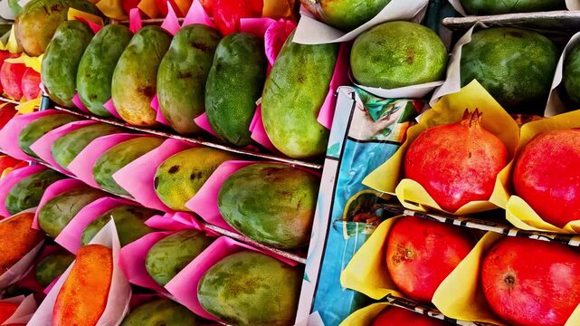 Mangoes And Pomegranates Arranged In The Old Market Stall In Sharm El Sheikh, Egypt. - pan shot