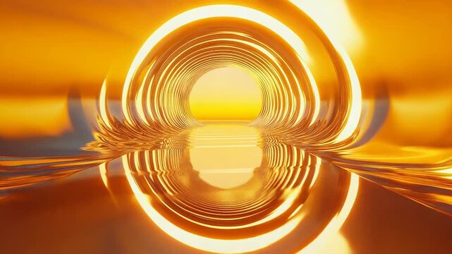 Golden abstract tunnel with glowing futuristic rings