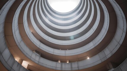 Upward view from inside a modern circular parking garage ramp looking towards the sky.