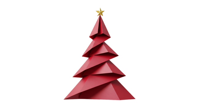 Geometric Red Christmas Tree With Gold Star On Top Isolated On Black Background