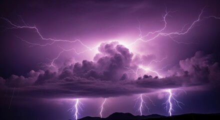 Dramatic purple sky illuminated by multiple lightning strikes during a powerful nighttime thunderstorm