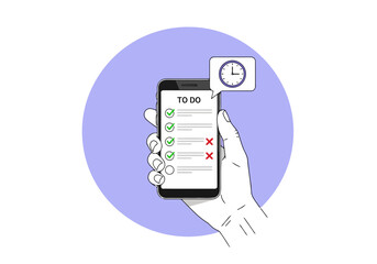 Hand holding smartphone with todo list and clock icon, representing task management and time tracking