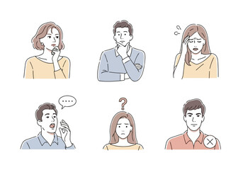 Set of diverse people expressing confusion, worry, and doubt with thought bubbles and question marks