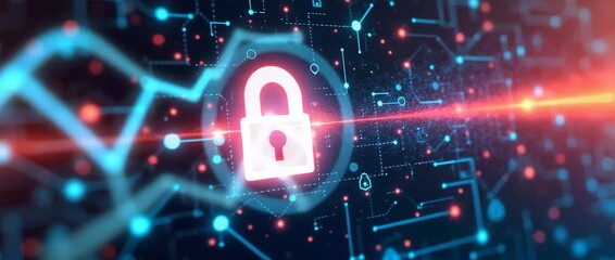 Futuristic digital security concept with a glowing lock icon in motion, surrounded by dynamic light trails and abstract network lines; cinematic slow pan for cybersecurity themes. - Powered by Adobe