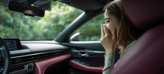 The woman in car blowing her nose with tissue while parked in nature