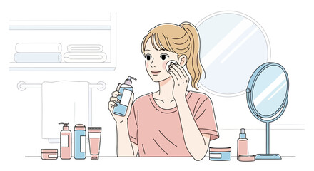 Young woman applying facial toner with a cotton pad, surrounded by skincare products and mirrors in a bathroom