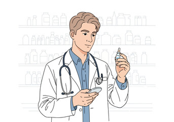 A male doctor in a white coat with a stethoscope around his neck holds a small bottle and a phone, with shelves of medicine bottles in the background
