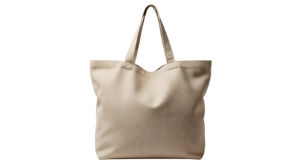A beige canvas tote bag with a patterned strap and a graphic design on the front isolated on transparent background
