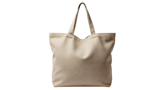A beige canvas tote bag with a patterned strap and a graphic design on the front isolated on transparent background