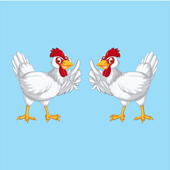 Two cheerful cartoon chickens giving thumbs up on a light blue background showcasing positivity and approval for farm fresh products and healthy eating habits