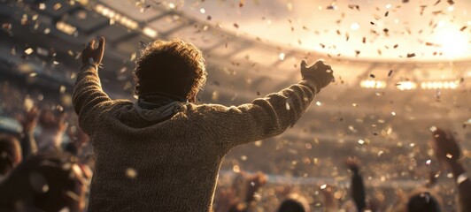 The fan celebrating victory in a packed stadium under golden confetti shower