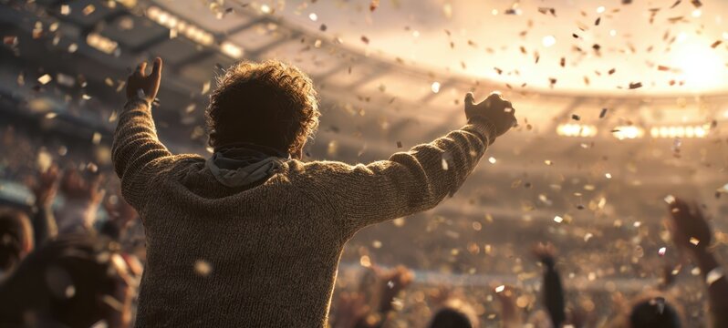 The fan celebrating victory in a packed stadium under golden confetti shower