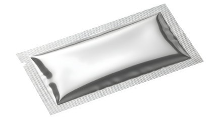 Single serving foil packet of white cream or lotion isolated on transparent background