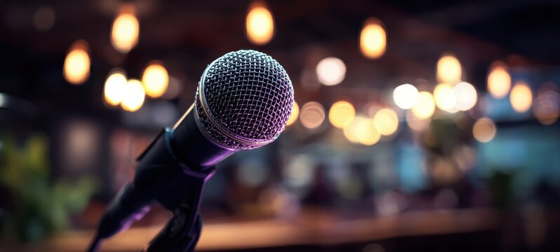 The microphone on stage, ready for a live music performance in warm bokeh lights