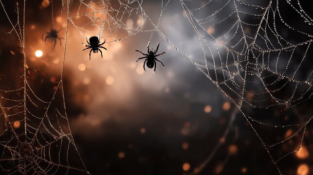 Spooky spiderwebs glistening with dew drops create a thrilling Halloween atmosphere, perfect for seasonal promotions and eerie designs this fall - Powered by Adobe