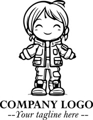 Black and White Chibi Girl Standing in Jacket, Pants, and Boots. Simple Bold Vector Illustration
