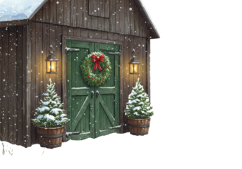 A rustic barn with deep green double doors, Christmas wreath, glowing lanterns, and snowy evergreen trees in a pristine watercolor winter landscape, evoking cozy holiday spirit