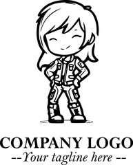 Black and White Chibi Girl Standing in Jacket, Pants, and Boots. Simple Bold Vector Illustration
