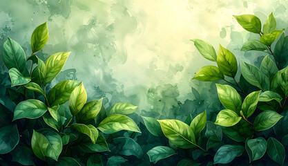 Fresh green leaves on a tree branch create a beautiful nature border frame against the sky background for a spring or summer design