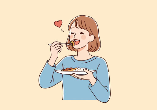 A young woman with short brown hair enjoys a delicious meal, with a heart symbol indicating her satisfaction and love for the food