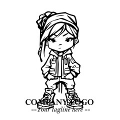 Black and White Chibi Girl Standing in Jacket, Pants, and Boots. Simple Bold Vector Illustration
