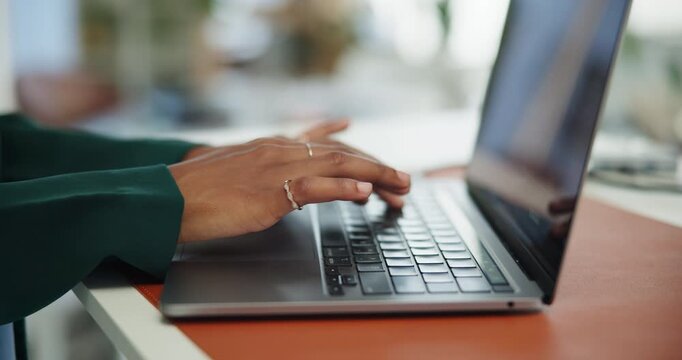 Laptop, typing and hands of woman in office for report, email response and administration. Copywriter, drafting proposal or research with creative employee, tech and proofreading feedback or review