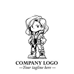 Black and White Chibi Girl Standing in Jacket, Pants, and Boots. Simple Bold Vector Illustration

