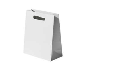 A simple white paper gift bag with a die cut handle shown from the side isolated on transparent background
