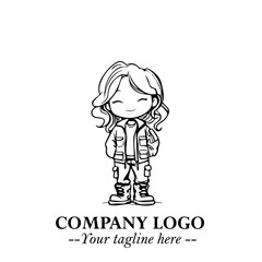Black and White Chibi Girl Standing in Jacket, Pants, and Boots. Simple Bold Vector Illustration

